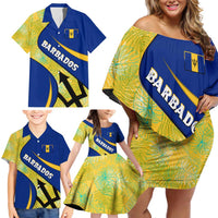 Barbados Flag Family Matching Off Shoulder Short Dress and Hawaiian Shirt Blue and Yellow with Trident and Tropical Leaf Pattern - Wonder Print Shop