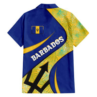 Barbados Flag Family Matching Off Shoulder Short Dress and Hawaiian Shirt Blue and Yellow with Trident and Tropical Leaf Pattern - Wonder Print Shop