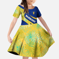 Barbados Flag Family Matching Short Sleeve Bodycon Dress and Hawaiian Shirt Blue and Yellow with Trident and Tropical Leaf Pattern - Wonder Print Shop