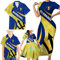 Barbados Flag Family Matching Short Sleeve Bodycon Dress and Hawaiian Shirt Blue and Yellow with Trident and Tropical Leaf Pattern - Wonder Print Shop