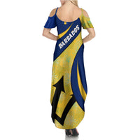 Barbados Flag Family Matching Summer Maxi Dress and Hawaiian Shirt Blue and Yellow with Trident and Tropical Leaf Pattern - Wonder Print Shop