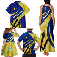 Barbados Flag Family Matching Tank Maxi Dress and Hawaiian Shirt Blue and Yellow with Trident and Tropical Leaf Pattern - Wonder Print Shop
