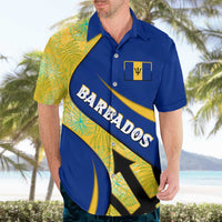 Barbados Flag Hawaiian Shirt Blue and Yellow with Trident and Tropical Leaf Pattern - Wonder Print Shop