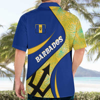 Barbados Flag Hawaiian Shirt Blue and Yellow with Trident and Tropical Leaf Pattern - Wonder Print Shop