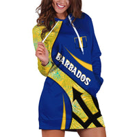 Barbados Flag Hoodie Dress Blue and Yellow with Trident and Tropical Leaf Pattern - Wonder Print Shop