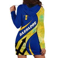 Barbados Flag Hoodie Dress Blue and Yellow with Trident and Tropical Leaf Pattern - Wonder Print Shop