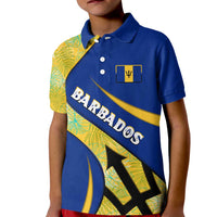 Barbados Flag Kid Polo Shirt Blue and Yellow with Trident and Tropical Leaf Pattern - Wonder Print Shop