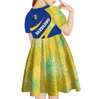 Barbados Flag Kid Short Sleeve Dress Blue and Yellow with Trident and Tropical Leaf Pattern - Wonder Print Shop