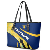 Barbados Flag Leather Tote Bag Blue and Yellow with Trident and Tropical Leaf Pattern - Wonder Print Shop