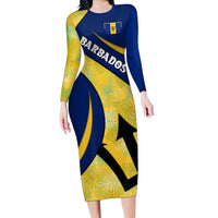 Barbados Flag Long Sleeve Bodycon Dress Blue and Yellow with Trident and Tropical Leaf Pattern - Wonder Print Shop