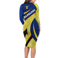 Barbados Flag Long Sleeve Bodycon Dress Blue and Yellow with Trident and Tropical Leaf Pattern - Wonder Print Shop