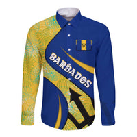 Barbados Flag Long Sleeve Button Shirt Blue and Yellow with Trident and Tropical Leaf Pattern - Wonder Print Shop
