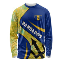 Barbados Flag Long Sleeve Shirt Blue and Yellow with Trident and Tropical Leaf Pattern - Wonder Print Shop