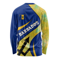 Barbados Flag Long Sleeve Shirt Blue and Yellow with Trident and Tropical Leaf Pattern - Wonder Print Shop