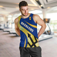 Barbados Flag Men Tank Top Blue and Yellow with Trident and Tropical Leaf Pattern - Wonder Print Shop