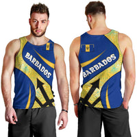 Barbados Flag Men Tank Top Blue and Yellow with Trident and Tropical Leaf Pattern - Wonder Print Shop