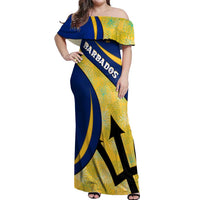Barbados Flag Off Shoulder Maxi Dress Blue and Yellow with Trident and Tropical Leaf Pattern - Wonder Print Shop