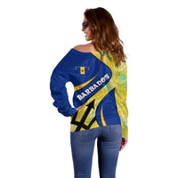 Barbados Flag Off Shoulder Sweater Blue and Yellow with Trident and Tropical Leaf Pattern - Wonder Print Shop
