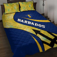 Barbados Flag Quilt Bed Set Blue and Yellow with Trident and Tropical Leaf Pattern - Wonder Print Shop