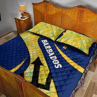 Barbados Flag Quilt Bed Set Blue and Yellow with Trident and Tropical Leaf Pattern - Wonder Print Shop