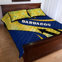 Barbados Flag Quilt Bed Set Blue and Yellow with Trident and Tropical Leaf Pattern - Wonder Print Shop