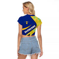 Barbados Flag Raglan Cropped T Shirt Blue and Yellow with Trident and Tropical Leaf Pattern - Wonder Print Shop