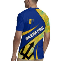 Barbados Flag Rugby Jersey Blue and Yellow with Trident and Tropical Leaf Pattern - Wonder Print Shop