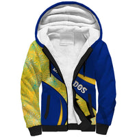 Barbados Flag Sherpa Hoodie Blue and Yellow with Trident and Tropical Leaf Pattern - Wonder Print Shop