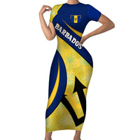Barbados Flag Short Sleeve Bodycon Dress Blue and Yellow with Trident and Tropical Leaf Pattern - Wonder Print Shop