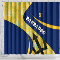 Barbados Flag Shower Curtain Blue and Yellow with Trident and Tropical Leaf Pattern - Wonder Print Shop