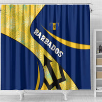 Barbados Flag Shower Curtain Blue and Yellow with Trident and Tropical Leaf Pattern - Wonder Print Shop