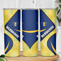 Barbados Flag Skinny Tumbler Blue and Yellow with Trident and Tropical Leaf Pattern - Wonder Print Shop