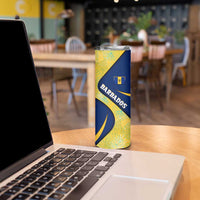 Barbados Flag Skinny Tumbler Blue and Yellow with Trident and Tropical Leaf Pattern - Wonder Print Shop