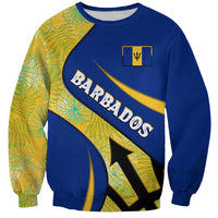 Barbados Flag Sweatshirt Blue and Yellow with Trident and Tropical Leaf Pattern - Wonder Print Shop