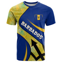Barbados Flag T Shirt Blue and Yellow with Trident and Tropical Leaf Pattern - Wonder Print Shop