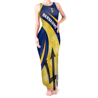 Barbados Flag Tank Maxi Dress Blue and Yellow with Trident and Tropical Leaf Pattern - Wonder Print Shop
