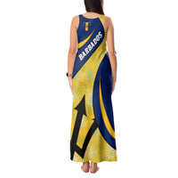 Barbados Flag Tank Maxi Dress Blue and Yellow with Trident and Tropical Leaf Pattern - Wonder Print Shop