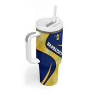 Barbados Flag Tumbler With Handle Blue and Yellow with Trident and Tropical Leaf Pattern - Wonder Print Shop