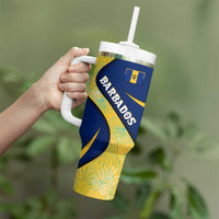 Barbados Flag Tumbler With Handle Blue and Yellow with Trident and Tropical Leaf Pattern - Wonder Print Shop