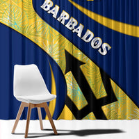 Barbados Flag Window Curtain Blue and Yellow with Trident and Tropical Leaf Pattern - Wonder Print Shop