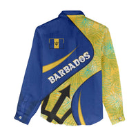 Barbados Flag Women Casual Shirt Blue and Yellow with Trident and Tropical Leaf Pattern - Wonder Print Shop