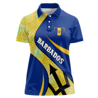 Barbados Flag Women Polo Shirt Blue and Yellow with Trident and Tropical Leaf Pattern - Wonder Print Shop