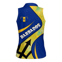 Barbados Flag Women Sleeveless Polo Shirt Blue and Yellow with Trident and Tropical Leaf Pattern - Wonder Print Shop