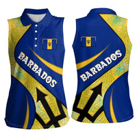 Barbados Flag Women Sleeveless Polo Shirt Blue and Yellow with Trident and Tropical Leaf Pattern - Wonder Print Shop