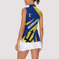 Barbados Flag Women Sleeveless Polo Shirt Blue and Yellow with Trident and Tropical Leaf Pattern - Wonder Print Shop