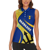 Barbados Flag Women Sleeveless Polo Shirt Blue and Yellow with Trident and Tropical Leaf Pattern - Wonder Print Shop