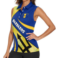 Barbados Flag Women Sleeveless Polo Shirt Blue and Yellow with Trident and Tropical Leaf Pattern - Wonder Print Shop