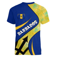 Barbados Flag Women V-Neck T-Shirt Blue and Yellow with Trident and Tropical Leaf Pattern - Wonder Print Shop