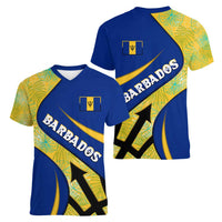 Barbados Flag Women V-Neck T-Shirt Blue and Yellow with Trident and Tropical Leaf Pattern - Wonder Print Shop