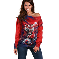 Personalized Taegeuk Warriors Korean Tiger Football Off Shoulder Sweater South Korean Tiger Soccer Ball Flag